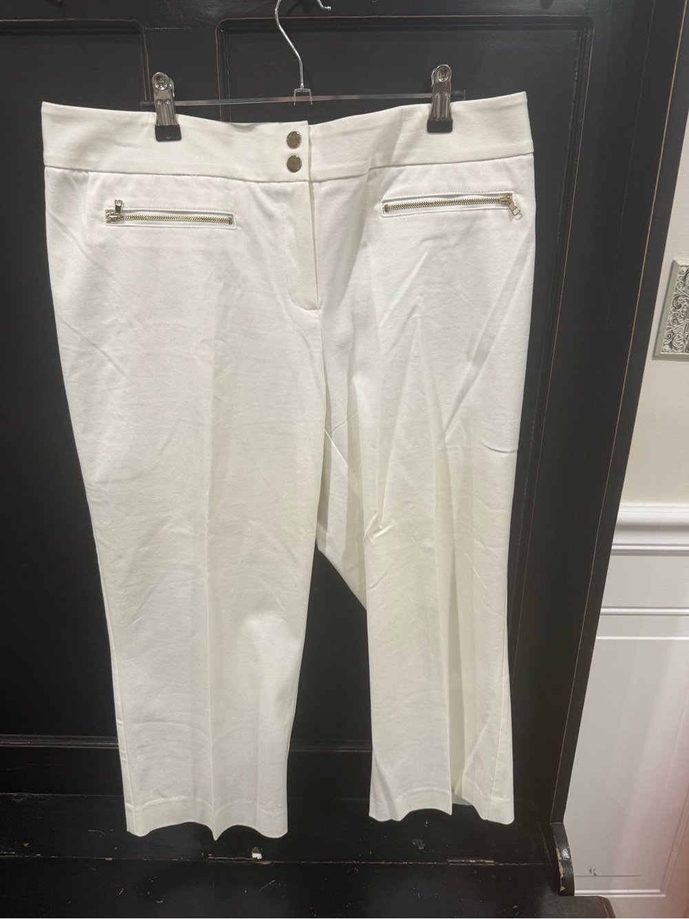 Alfani White Cropped Pull-On Pants with Gold Zipper Accents